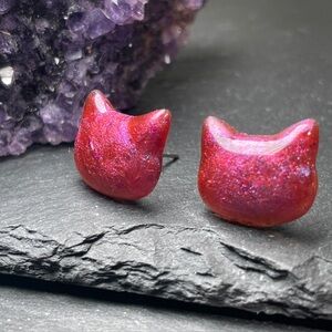 Hot Pink And Shimmery Purple Cat Ear Stud Post Earrings Hand Crafted